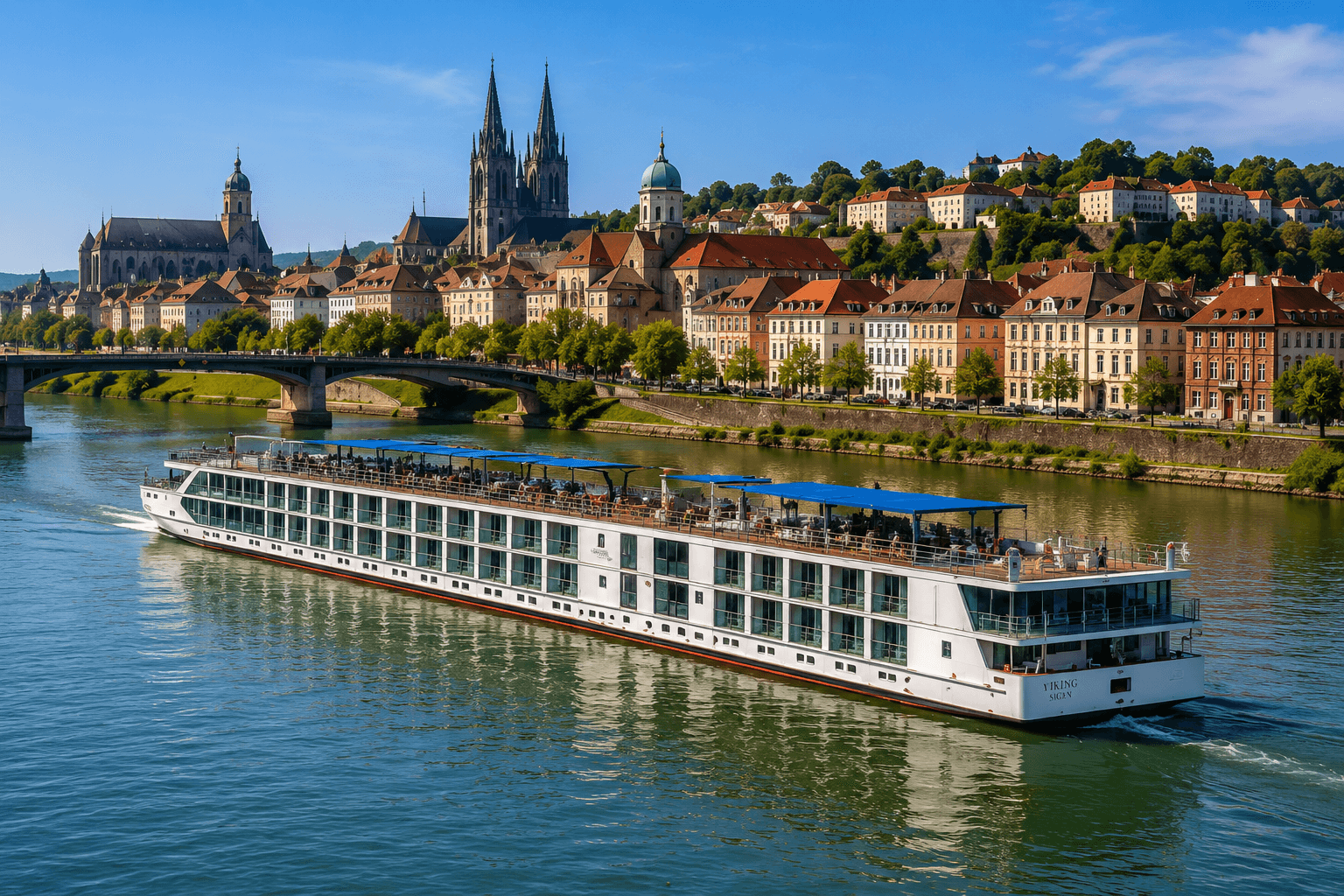 Luxury cruise ship sailing through calm Mediterranean waters at golden hour