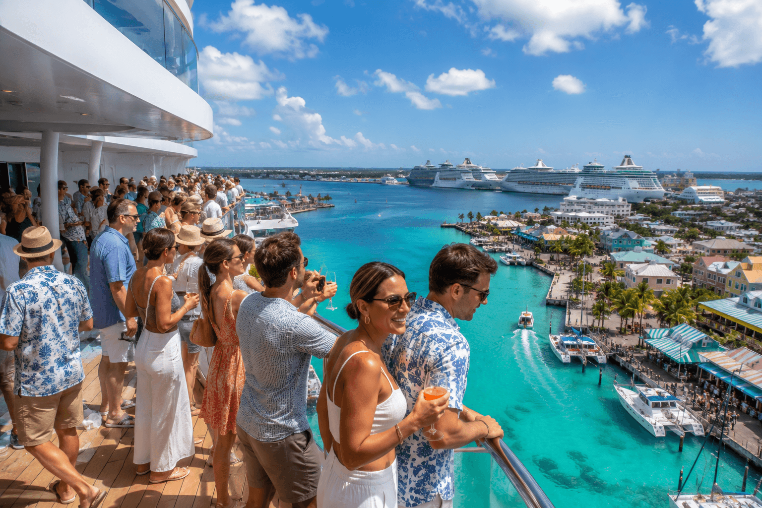 Turquoise Caribbean waters viewed from a cruise ship deck with tropical coastline in the distance