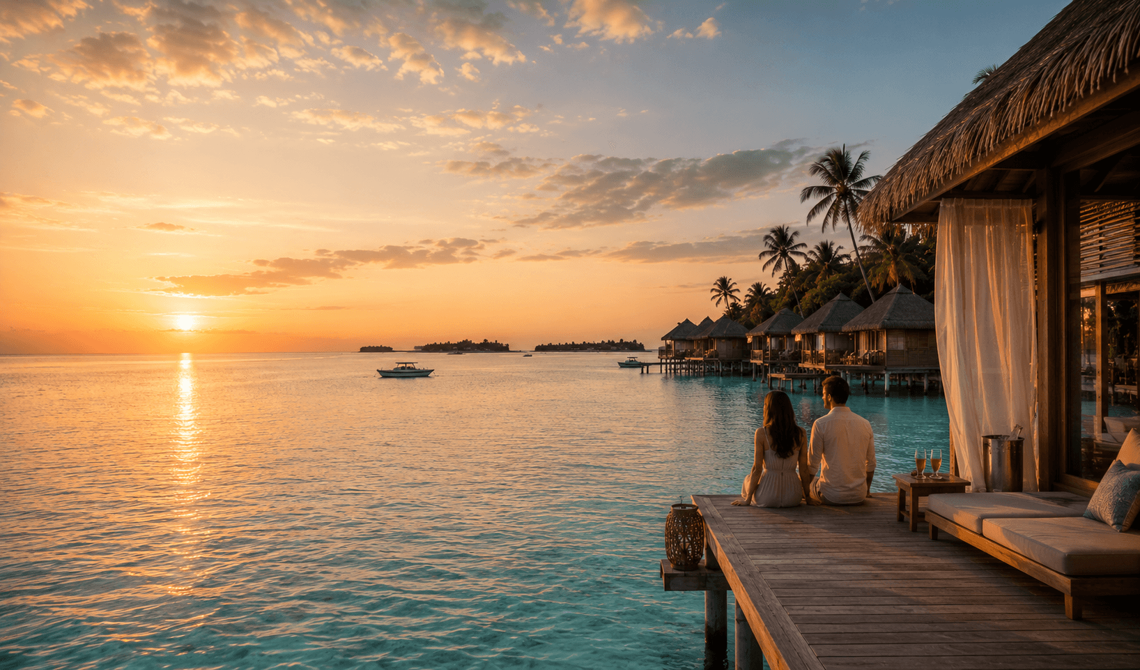 Overwater bungalows on turquoise water in the Maldives at sunrise