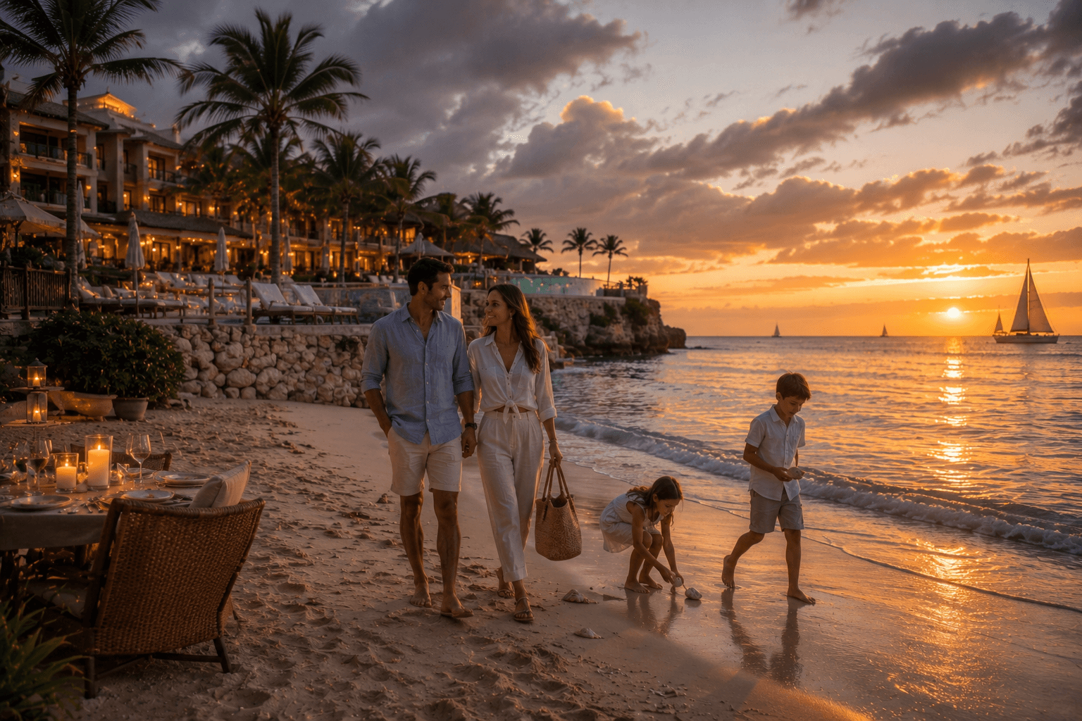 Children and parents at a Caribbean resort pool with palm trees and clear turquoise water