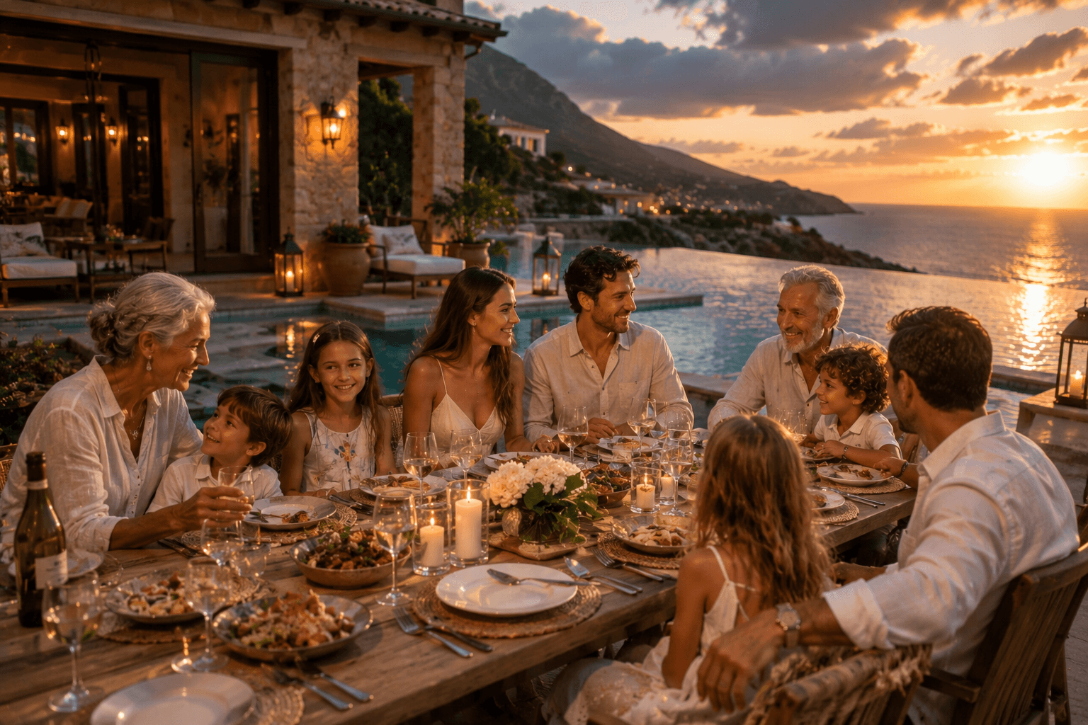 Multi-generational family laughing together on a vacation terrace with ocean views