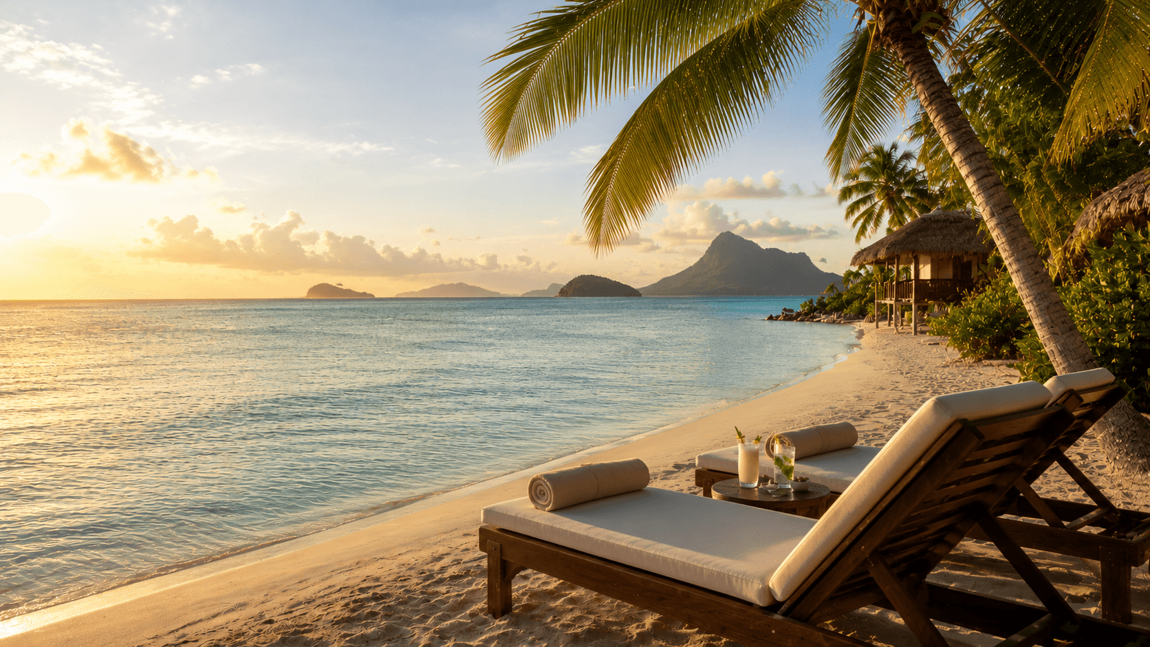 Couple on a romantic honeymoon — overwater bungalow at sunset