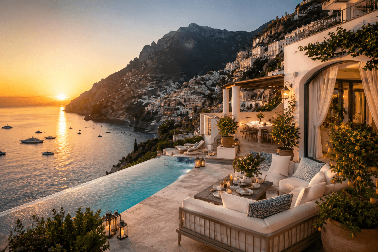 Clifftop villa terrace above the Amalfi Coast with lemon trees and turquoise sea views