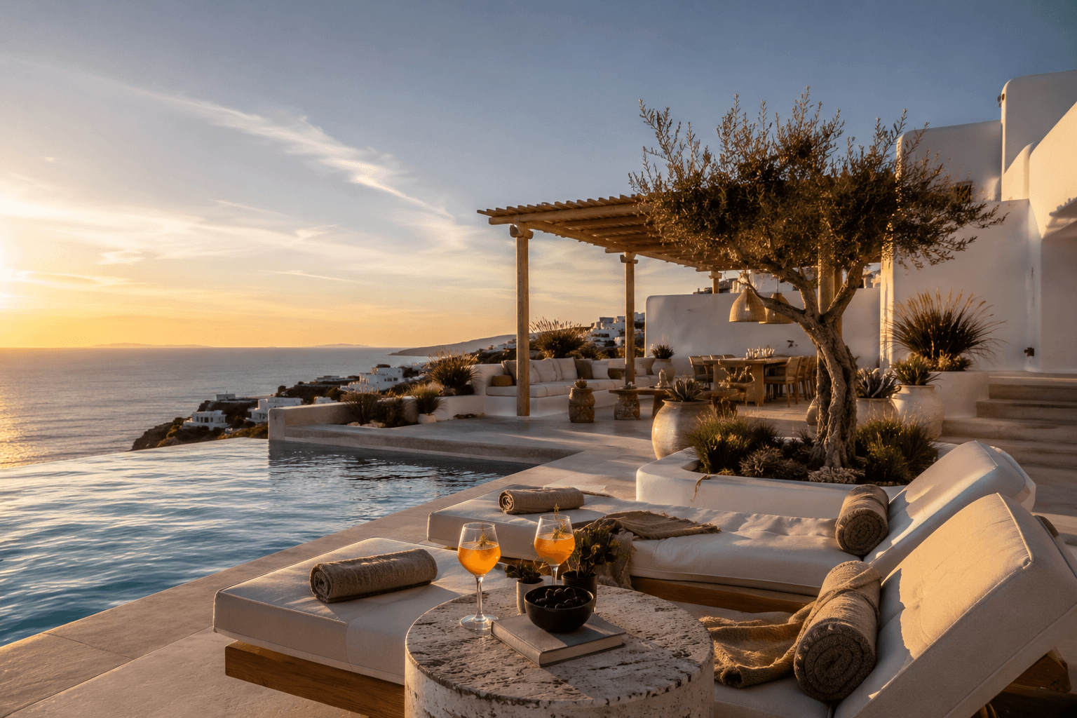 Whitewashed luxury villa with infinity pool on the island of Mykonos, Greece